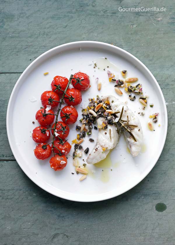 Olive oil confiscated redfish with olive gremolata and baked tomatoes #recipe #gourmetguerilla #confine #fish